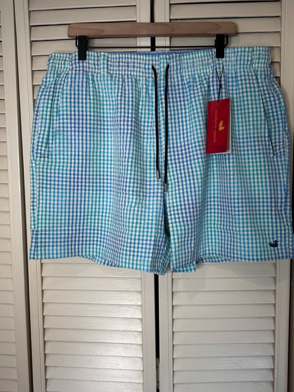 Southern Marsh Light Blue & Aqua Gingham Swim Trunks | XL